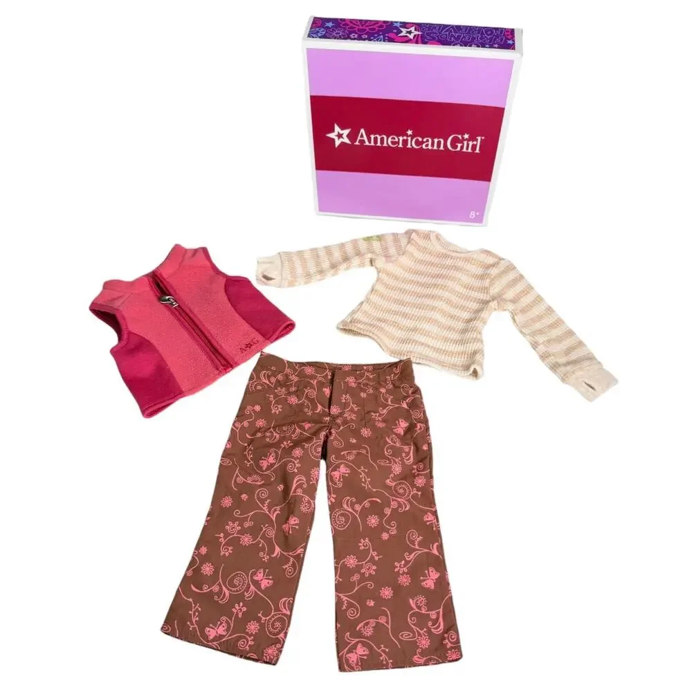 American Girl Wilderness Outfit Thermal Top Floral Hiking Pant Pink Zip Vest Box